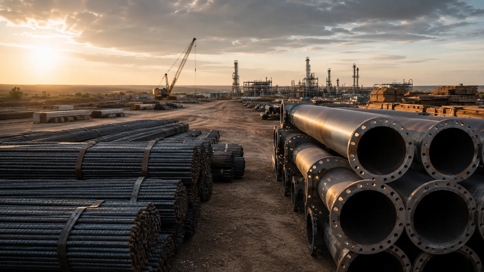 Steel rebar and flanged piping in an industrial construction setting